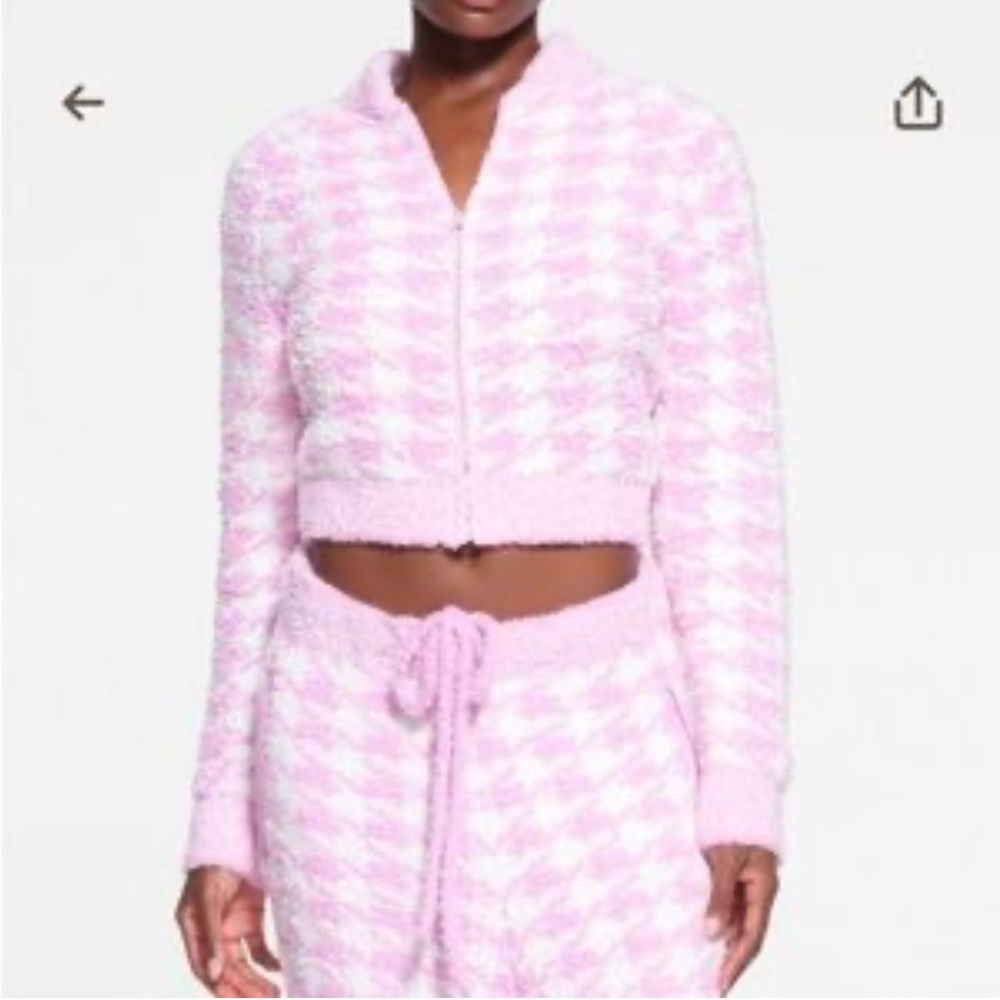 NEW •Skims • Women’s Cozy Knit Zip Up Sweater Pink White Houndstooth Large - Picture 2 of 5